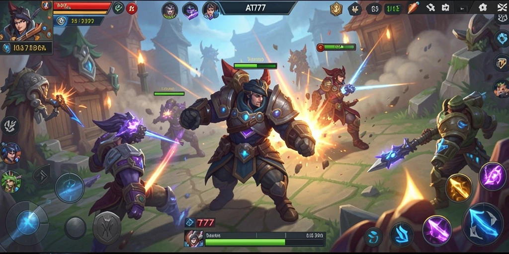 Screenshot gameplay AT777 menampilkan pertempuran intens dalam arena MOBA.