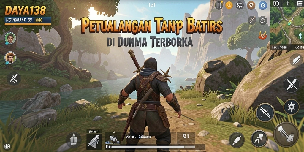 Screenshot utama DAYA138 menampilkan aksi eksplorasi di dunia terbuka.