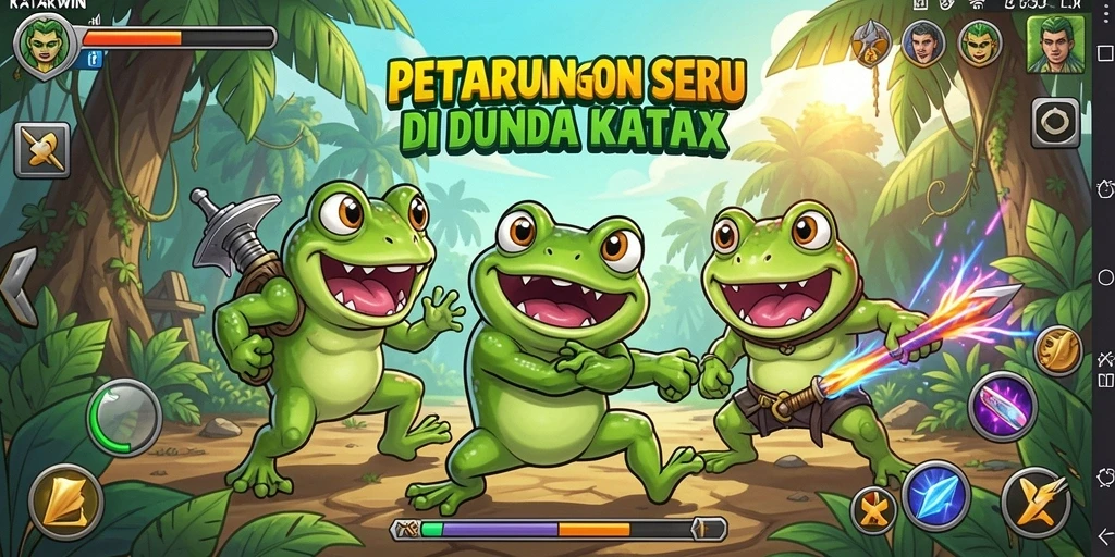 Screenshot gameplay KATAKWIN menampilkan pertarungan katak yang seru.