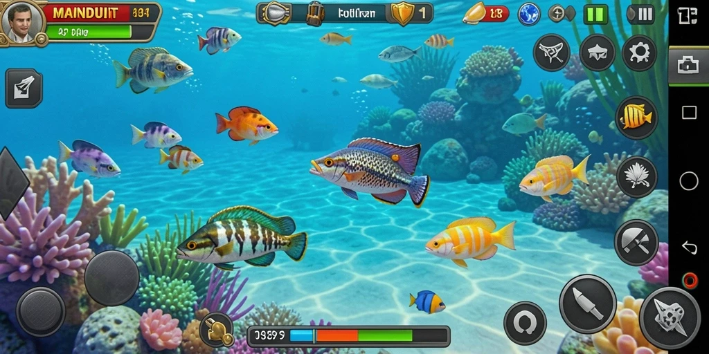 Gameplay seru Tembak Ikan di MAINDUIT dengan berbagai ikan.