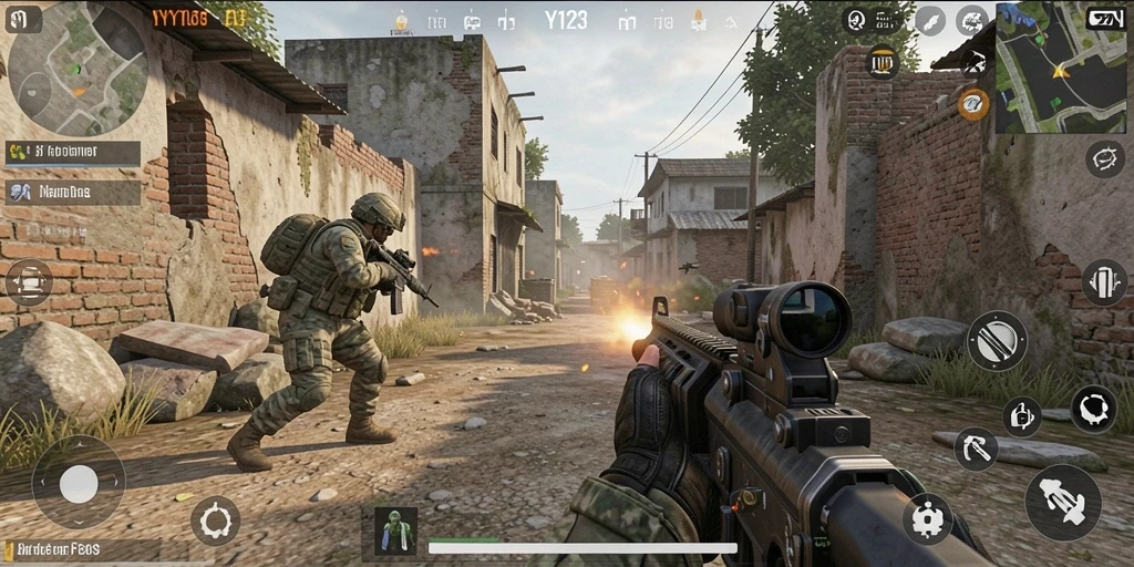 Tangkapan layar dari gameplay YY123 dengan aksi tembak-menembak yang mendebarkan.